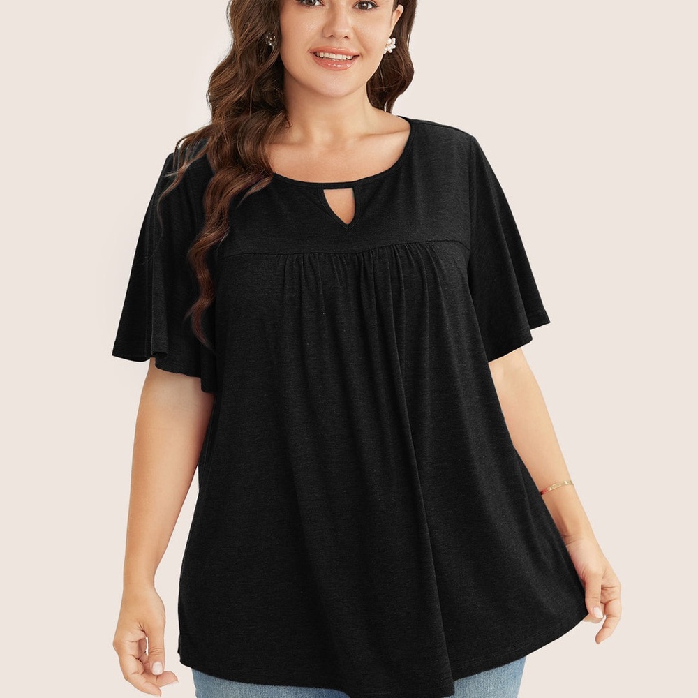 BloomChic Plain Ruffle Sleeve Keyhole Gathered Crew Neck T-shirt